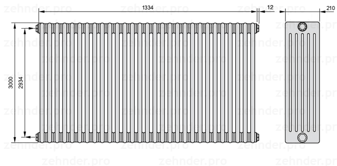 Схема (чертеж) Радиатор Zehnder Charleston 6300/29 №1270 Белый глянцевый RAL 9016